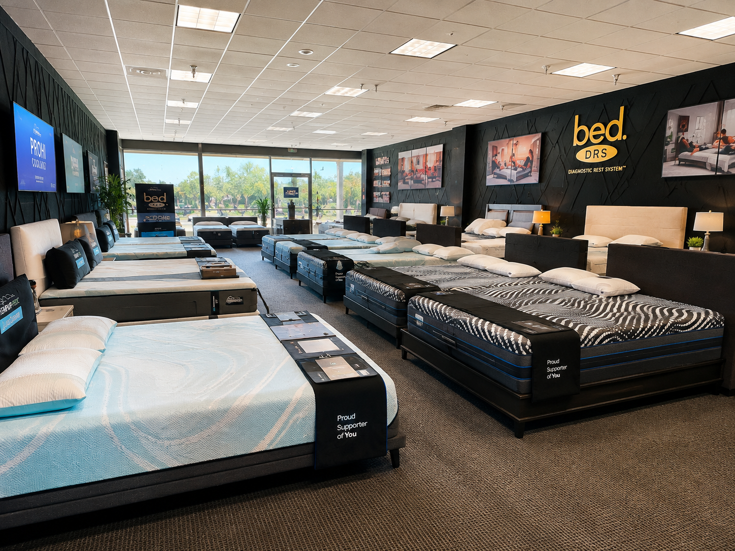 Luxury mattress showroom interior at Bed DRS with premium mattresses on display